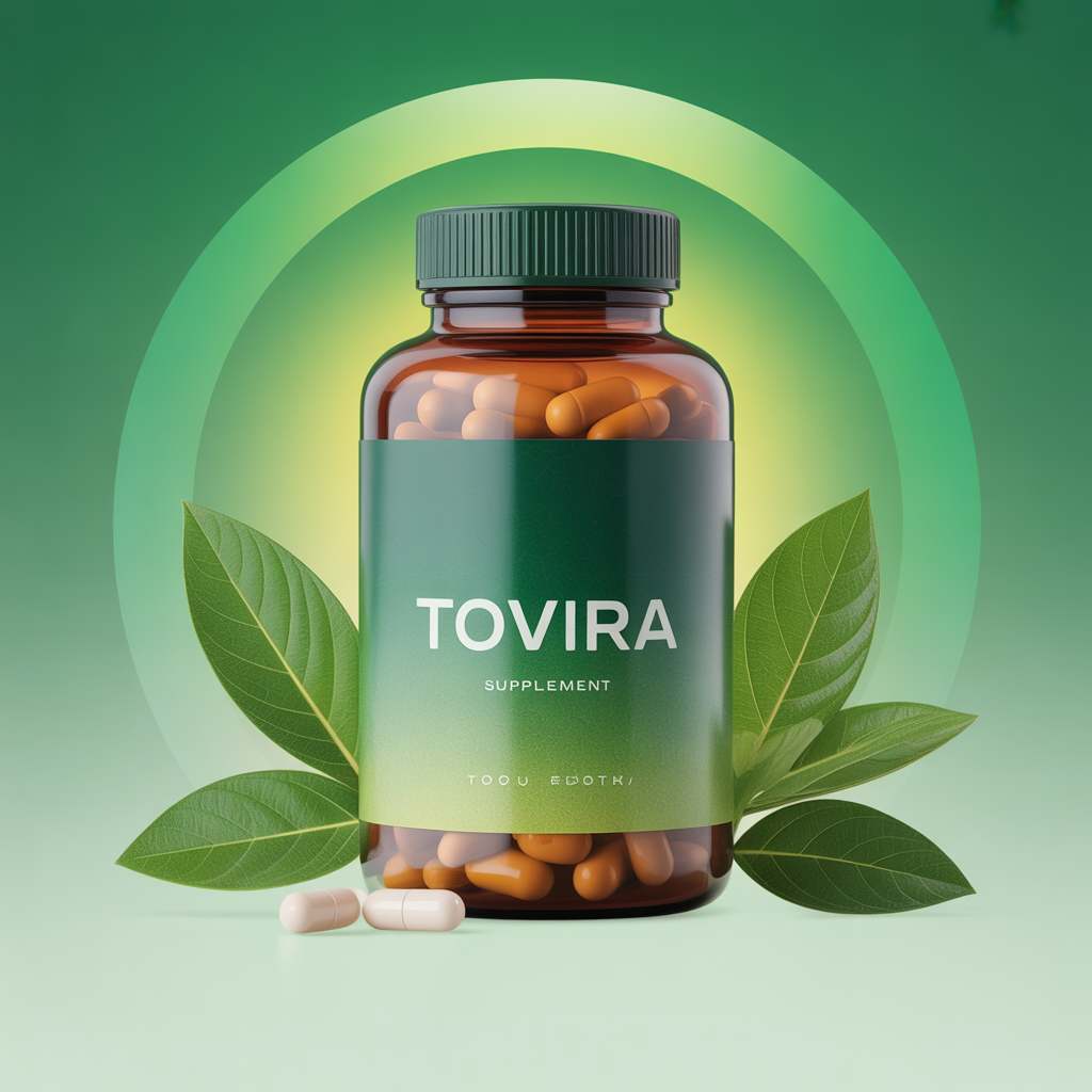 Tovira supplement bottle illustration with green gradient label